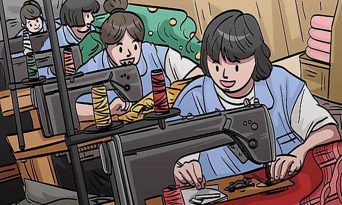 옷 여자 일러스트 작업복 여러명 상반신 성인 경제 실 제조 재봉틀 성인여자만 국내일러스트 AI파일 다수 사람 여자만 성인만 파일형식 벡터