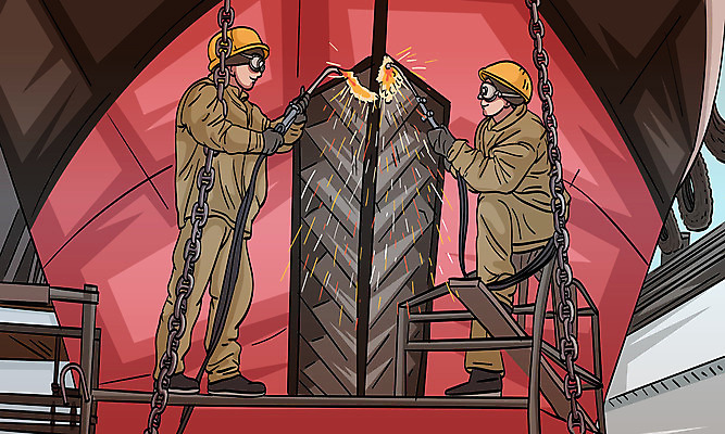 전신 남자 일러스트 성인 두명 경제 안전모 조선소 리프트 보안경 용접 용접공 용접기 선박 성인남자만 국내일러스트 AI파일 직업 산업 수상교통 사람 헬멧 안전장비 남자만 성인만 파일형식 벡터