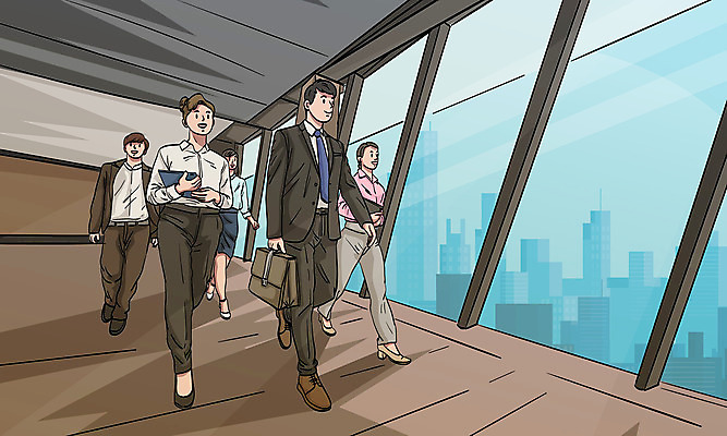 전신 여자 남자 서류가방 일러스트 회사 창문 넥타이 여러명 성인 경제 태블릿 비즈니스맨 비즈니스우먼 복도 성인만 국내일러스트 AI파일 잡화 다수 가방 비즈니스 사람 전자제품 스마트기기 직장인 파일형식 벡터