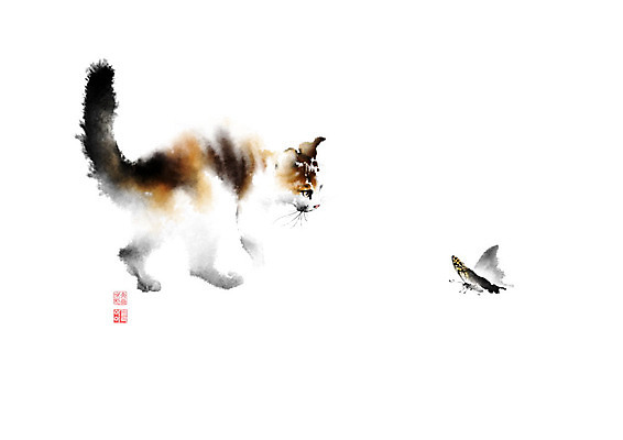 PSD 나비 두마리 일러스트 캘리그라피 붓터치 사람없음 고양이 번짐 낙관 반려 반려묘 영모화 국내일러스트 곤충 2 포유류 반려동물 그림 파일형식 효과