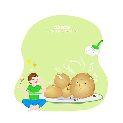 PSD 남자 과일 일러스트 감자 한명 초록색 여름 부채 먹기 제철 남자한명만 먹방 제철음식 국내일러스트 1 계절 음식 컬러 채소 모션 사람 방송 남자만 파일형식