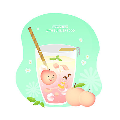PSD 여자 꽃 분홍색 과일 일러스트 수영장 한명 여름 수영 주스 복숭아 민트색 제철 여자한명만 제철과일 국내일러스트 식물 1 계절 음료 컬러 사람 수상스포츠 여자만 파일형식
