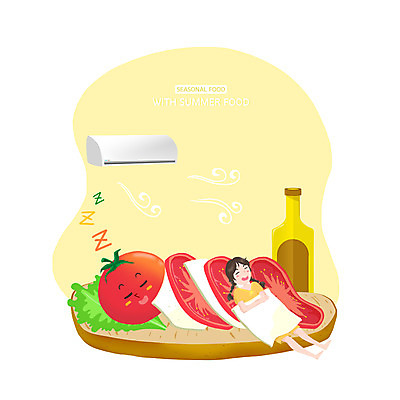 PSD 여자 빵 토마토 과일 일러스트 한명 빨간색 여름 노란색 소스 에어컨 낮잠 제철 카프레제 여자한명만 제철음식 오픈샌드위치 국내일러스트 1 계절 음식 컬러 채소 샌드위치 사람 샐러드 가전제품 잠 양념 여자만 파일형식