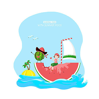 PSD 여자 섬 과일 일러스트 갈매기 여름음식 수박 항해 한명 빨간색 여름 파란색 깃발 수박조각 제철 여자한명만 제철과일 국내일러스트 1 계절 음식 컬러 조각 배_교통 조류 사람 여자만 파일형식 여름_계절