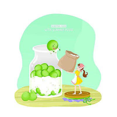 PSD 여자 과일 일러스트 유리병 요리 한명 초록색 여름 설탕 매실 제철 여자한명만 매실청 제철과일 국내일러스트 1 계절 컬러 병_용기 사람 여자만 파일형식 과일청