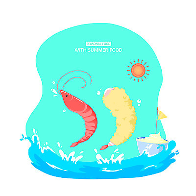 PSD 바다 과일 일러스트 새우 사람없음 여름 파란색 태양 소스 새우튀김 제철 제철음식 국내일러스트 자연요소 계절 음식 컬러 갑각류 튀김 양념 파일형식