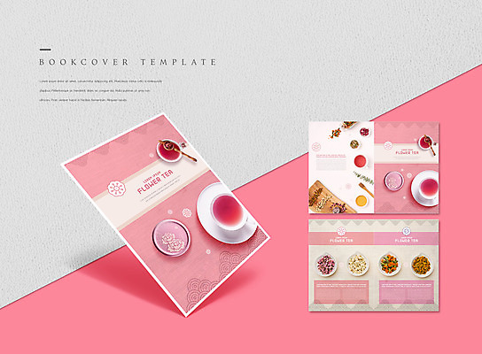 PSD 템플릿 표지디자인 북디자인 출판디자인 표지 꽃잎 꽃 ZIP 내지 리플렛 분홍색 북커버 유리병 도마 팜플렛 사람없음 찻잔 꽃차 이미지템플릿 식물 컬러 주방용품 병_용기 잔 차_음료 파일형식