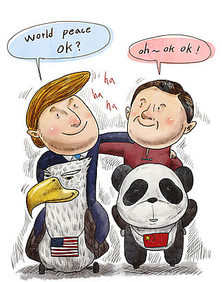 전신 PSD 남자 일러스트 어깨동무 협상 성인 두명 평화 미국 중국 국기 판다 사회이슈 독수리 화합 화해 세계평화 중미관계 성인남자만 국내일러스트 감정 아시아 포즈 컨셉 북아메리카 비즈니스 곰 조류 사람 경제 남자만 성인만 파일형식