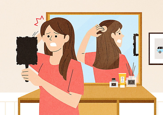 PSD 여자 액자 일러스트 한명 들기 사람 상반신 성인 반사 놀람 거울 손거울 화장대 원형탈모 탈모 성인여자한명만 국내일러스트 1 감정 가구 모션 표정 증상 여자한명만 성인여자만 파일형식