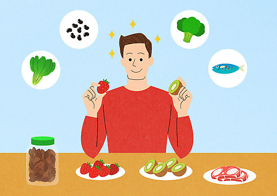 PSD 남자 음식 일러스트 딸기 안내 키위 한명 들기 사람 성인 소고기 브로콜리 아몬드 시금치 검은콩 오메가 탈모 성인남자한명만 국내일러스트 1 채소 과일 모션 콩 육류 견과류 증상 남자한명만 성인남자만 파일형식