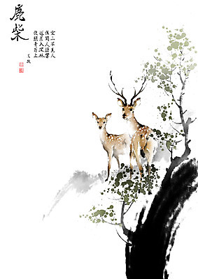 PSD 나무 잎 두마리 일러스트 캘리그라피 붓터치 사슴 풍경 사람없음 한자 바위 시 숲 동양화 언덕 번짐 낙관 왕유 녹채 국내일러스트 식물 문자 2 포유류 미술 돌_바위 화가 시인 파일형식 효과