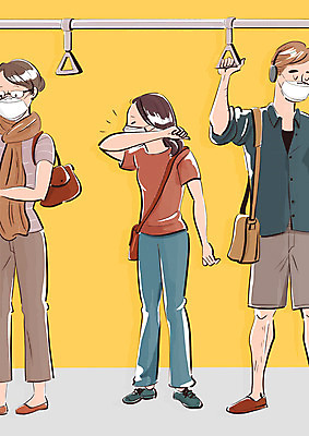 전신 PSD 여자 남자 일러스트 손잡이 마스크 세명 예절 전철 사회이슈 입가림 기침 재채기 코로나바이러스 생활방역 델타변이바이러스 국내일러스트 육상교통 컨셉 대중교통 사람 가림 바이러스 방역 파일형식