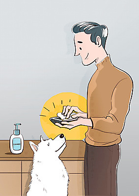 PSD 한마리 남자 일러스트 한명 상반신 성인 스마트폰 화장지 개 강아지 사회이슈 닦기 반려 소독 소독제 성인남자한명만 코로나바이러스 생활방역 델타변이바이러스 국내일러스트 1 컨셉 포유류 모션 사람 핸드폰 스마트기기 반려동물 바이러스 방역 남자한명만 성인남자만 파일형식