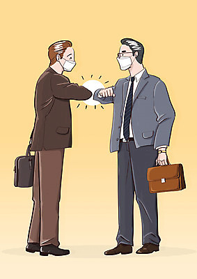 전신 PSD 남자 서류가방 일러스트 비즈니스 마스크 정장 성인 두명 인사 직장인 비즈니스맨 사회이슈 팔꿈치 성인남자만 코로나바이러스 생활방역 델타변이바이러스 국내일러스트 직업 옷 컨셉 가방 사람 신체부위 예절 바이러스 팔 방역 남자만 성인만 파일형식