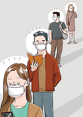 전신 PSD 여자 남자 일러스트 마스크 여러명 상반신 성인 책 역 사회이슈 통화 질서 시민 줄서기 코로나바이러스 사회적거리두기 생활방역 델타변이바이러스 국내일러스트 캠페인 다수 컨셉 교통시설 모션 사람 예절 바이러스 국민 방역 파일형식