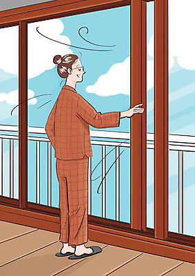 전신 PSD 여자 일러스트 창문 바람 아파트 주택 한명 잠옷 발코니 사회이슈 순환 환기 여자한명만 코로나바이러스 생활방역 델타변이바이러스 국내일러스트 자연요소 1 옷 컨셉 모션 날씨 사람 건물 바이러스 방역 여자만 파일형식