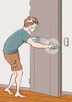 전신 PSD 남자 일러스트 주택 손잡이 마스크 한명 문 사회이슈 방문 닦기 문손잡이 소독 소독제 남자한명만 코로나바이러스 생활방역 델타변이바이러스 국내일러스트 1 컨셉 모션 사람 건물 바이러스 방역 남자만 파일형식