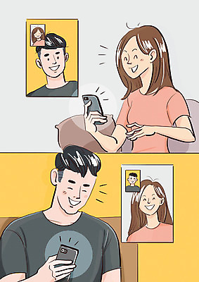 PSD 커플 여자 남자 일러스트 상반신 성인 두명 스마트폰 사회이슈 통화 영상통화 성인만 격리 코로나바이러스 자가격리 생활방역 델타변이바이러스 국내일러스트 컨셉 관계 모션 사람 핸드폰 스마트기기 바이러스 방역 파일형식