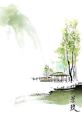 PSD 나무 잎 밭 일러스트 캘리그라피 붓터치 산 초가집 사람없음 울타리 한자 안개 농촌 시골 항아리 번짐 원두막 산수화 국내일러스트 식물 문자 농업 날씨 한옥 담장 도자기 동양화 파일형식 효과