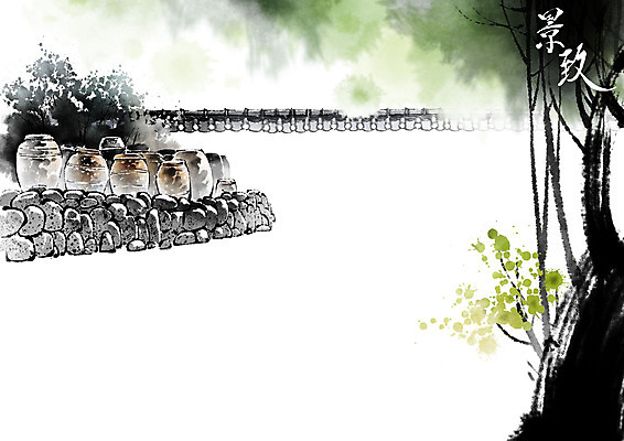 PSD 나무 잎 일러스트 캘리그라피 붓터치 돌담 기와 사람없음 정원 한자 돌_바위 농촌 시골 항아리 번짐 산수화 국내일러스트 식물 문자 담장 도자기 동양화 파일형식 효과