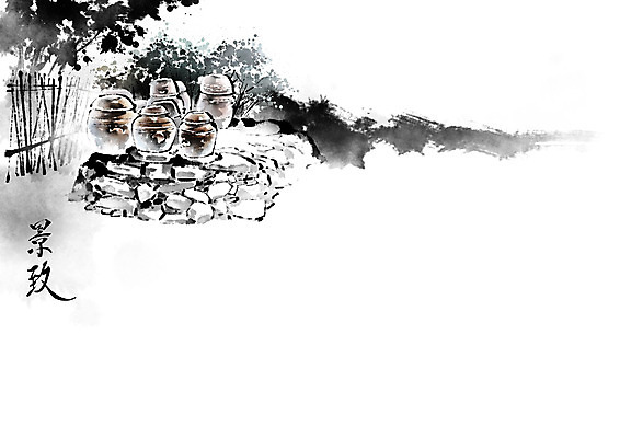 PSD 나무 잎 일러스트 캘리그라피 붓터치 사람없음 울타리 한자 돌_바위 농촌 시골 항아리 막대기 번짐 산수화 국내일러스트 식물 문자 담장 도자기 동양화 파일형식 효과