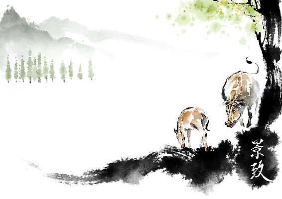 PSD 나무 잎 두마리 일러스트 캘리그라피 붓터치 산 사람없음 한자 안개 농촌 시골 소 꼬리 번짐 산수화 송아지 국내일러스트 식물 문자 새끼 2 포유류 날씨 동양화 파일형식 효과