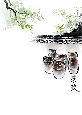 PSD 나무 잎 일러스트 캘리그라피 붓터치 기와 사람없음 한자 농촌 시골 항아리 번짐 산수화 국내일러스트 식물 문자 도자기 동양화 파일형식 효과