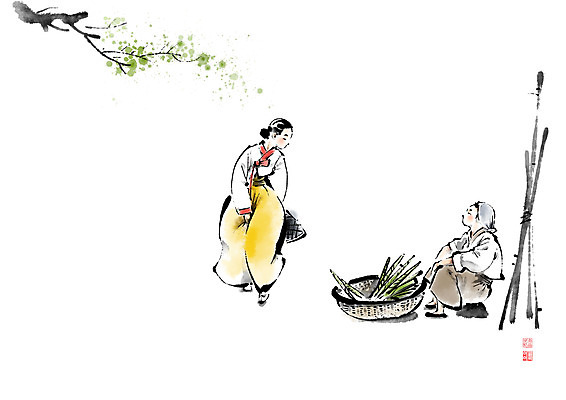 PSD 나무 전통 여자 잎 채소 일러스트 캘리그라피 붓터치 두명 장보기 소쿠리 막대기 시장 장 한복 번짐 낙관 장사 재래시장 전통시장 여자만 국내일러스트 식물 한국전통 사람 바구니 전통의상 상업 파일형식 효과