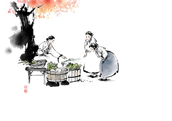 PSD 나무 전통 여자 잎 채소 일러스트 캘리그라피 붓터치 통 세명 장보기 시장 장 한복 번짐 낙관 장사 재래시장 전통시장 여자만 국내일러스트 식물 한국전통 사람 전통의상 상업 파일형식 효과