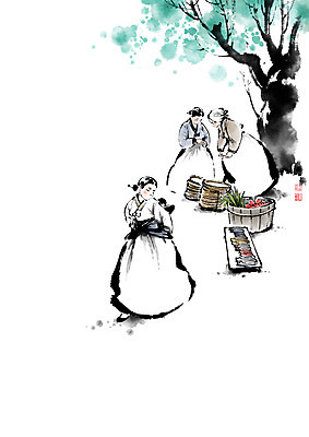 PSD 나무 전통 여자 신발 잎 채소 일러스트 캘리그라피 붓터치 선반 통 여러명 장보기 아기 시장 장 번짐 낙관 장사 재래시장 전통시장 여자만 국내일러스트 식물 가구 다수 사람 상업 파일형식 효과