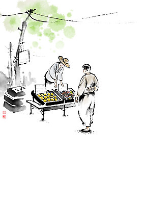 PSD 모자 전통 남자 일러스트 캘리그라피 붓터치 선반 두명 장보기 전선 시장 장 전봇대 밀짚모자 번짐 낙관 장사 재래시장 전통시장 남자만 국내일러스트 모자_잡화 잡화 공공시설 가구 사람 상업 파일형식 효과