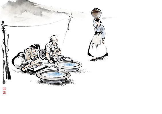 PSD 전통 여자 일러스트 캘리그라피 붓터치 어류 세명 물 장보기 항아리 막대기 시장 장 천막 번짐 호스 낙관 장사 재래시장 대야 손질 전통시장 여자만 국내일러스트 자연요소 사람 수중동물 도자기 상업 파일형식 효과