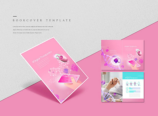 PSD 템플릿 표지디자인 북디자인 손 출판디자인 표지 ZIP 내지 리플렛 분홍색 북커버 의학 세포 병원 팜플렛 신체부위 스마트폰 태블릿 알약 환자 잡기 DNA 연결 홀로그램 디지털치료제 이미지템플릿 컬러 모션 사람 전자제품 핸드폰 스마트기기 약 생명공학 파일형식