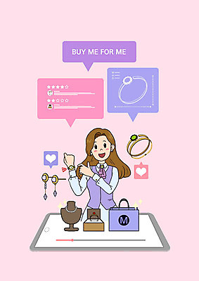 PSD 여자 분홍색 말풍선 일러스트 장신구 팔찌 한명 상반신 쇼핑 태블릿 쇼핑백 귀걸이 반지 여자한명만 1인미디어 하울 국내일러스트 1 컬러 가방 사람 전자제품 스마트기기 방송 신조어 여자만 파일형식