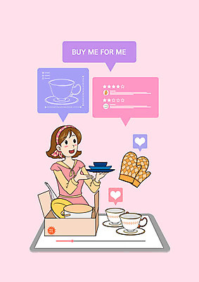 PSD 그릇 여자 분홍색 말풍선 일러스트 주방용품 잔 한명 상반신 쇼핑 태블릿 주방장갑 여자한명만 1인미디어 하울 국내일러스트 1 식기 컬러 생활용품 장갑 사람 전자제품 스마트기기 방송 신조어 여자만 파일형식