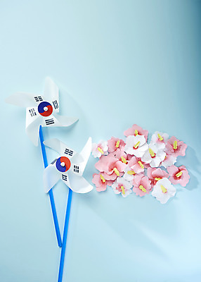 포토 JPG 스튜디오촬영 기념일 실내 사람없음 하이앵글 자유 국경일 바람개비 오브젝트 파란배경 무궁화 광복절 정부수립 국내포토 꽃 뷰포인트 백그라운드 컨셉 이벤트 내부 파란색 공휴일 광복 파일형식