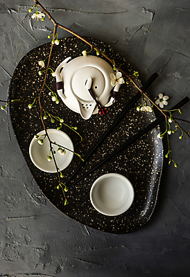 포토 JPG 해외이미지 꽃 회색배경 쟁반 사람없음 하이앵글 나뭇가지 찻잔 찻주전자 해외202007 해외포토 나무 식물 뷰포인트 백그라운드 주전자 잔 회색 파일형식