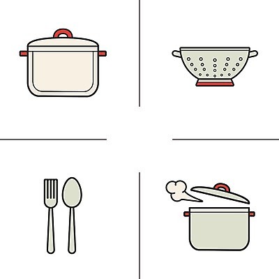 EPS 해외이미지 클립아트 포크 일러스트 주방용품 사람없음 숟가락 뚜껑 흰색 냄비 해외202007 해외일러스트 식기 컬러 생활용품 수저 솥 파일형식 벡터