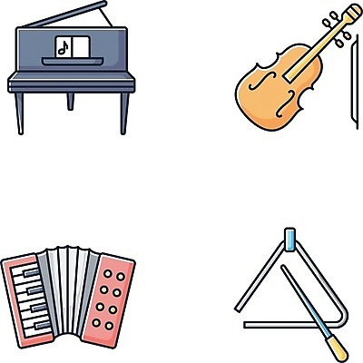 EPS 해외이미지 클립아트 일러스트 사람없음 세트 키보드 바이올린 심플 해외202007 해외일러스트 현악기 파일형식 벡터