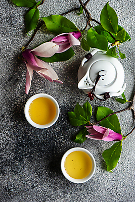 포토 JPG 해외이미지 꽃 회색배경 사람없음 하이앵글 찻잔 찻주전자 플랫레이 해외202007 해외포토 식물 뷰포인트 백그라운드 주전자 잔 회색 플랫 파일형식