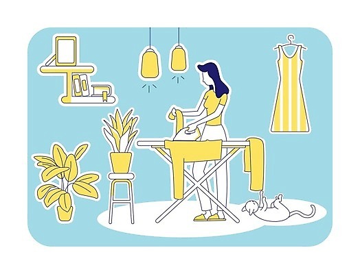 EPS 해외이미지 전신 라이프스타일 원피스 여자 화분 여유 하늘색 액자 가사 일러스트 탁자 휴식 조명 실내 한명 서기 성인 일상 책 노란색 고양이 잡기 빨래 주말 다리미 다림질 다리미판 성인여자한명만 반려묘 해외202007 해외일러스트 1 옷 감정 컬러 가구 컨셉 포유류 모션 사람 내부 라이프 생활 파란색 반려동물 가전제품 여자한명만 성인여자만 파일형식 벡터