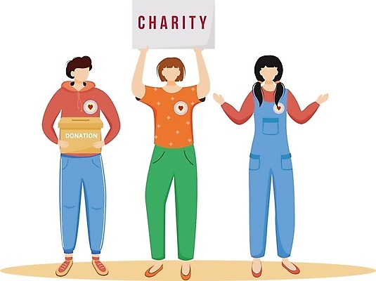 EPS 해외이미지 전신 여자 남자 캠페인 일러스트 텍스트 프레임 함께함 들기 성인 세명 상자 모집 기부금 헬프 성인만 자선단체 해외202007 해외일러스트 컨셉 모션 사람 도움 그룹 기부 자선 파일형식 벡터