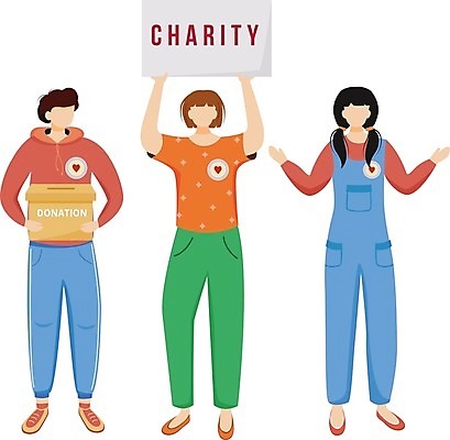 EPS 해외이미지 전신 여자 남자 캠페인 일러스트 텍스트 프레임 함께함 들기 성인 세명 상자 모집 기부금 헬프 성인만 자선단체 해외202007 해외일러스트 컨셉 모션 사람 도움 그룹 기부 자선 파일형식 벡터