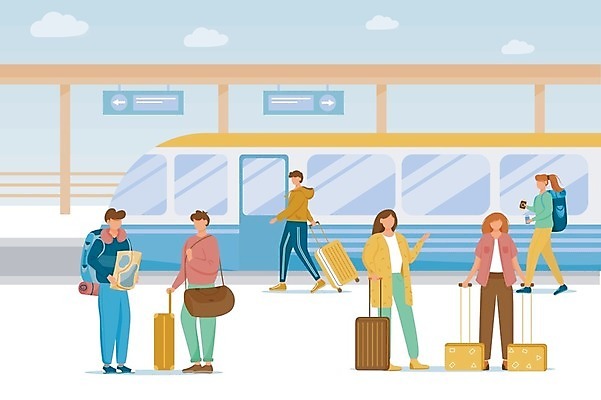 EPS 해외이미지 전신 여자 남자 여행 가방 일러스트 여러명 성인 걷기 캐리어 기차 당기기 기차역 성인만 해외202007 해외일러스트 잡화 육상교통 다수 모션 대중교통 사람 여행가방 역 파일형식 벡터