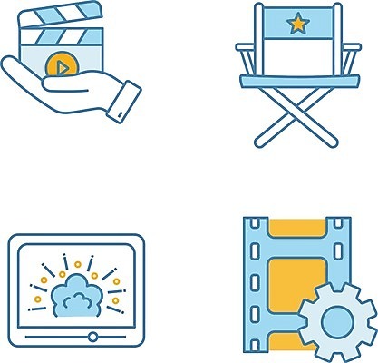 EPS 해외이미지 클립아트 손 의자 일러스트 사람없음 파란색 필름 영화 해외202007 해외일러스트 컬러 가구 문화예술 신체부위 파일형식 벡터