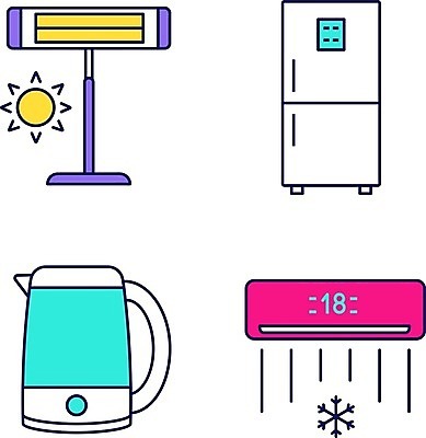 EPS 해외이미지 클립아트 일러스트 사람없음 전자제품 난로 에어컨 냉장고 전기포트 해외202007 해외일러스트 가전제품 난방기 파일형식 벡터
