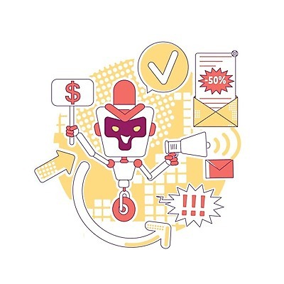EPS 해외이미지 캐릭터 화살표 말풍선 일러스트 사람없음 빨간색 노란색 세일 달러 확성기 팻말 알림 로봇 체크표시 마케팅 스팸 해외202007 AI_인공지능 해외일러스트 일러캐릭터 컬러 돈 프레임 확인 파일형식 벡터
