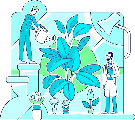 EPS 해외이미지 전신 식물 남자 꽃 화분 과학 일러스트 미래 조명 실험 들기 성인 두명 파란색 다이어리 물뿌리개 실험복 연구원 성인남자만 해외202007 해외일러스트 직업 컬러 컨셉 모션 사람 사무용품 가운 남자만 성인만 파일형식 벡터