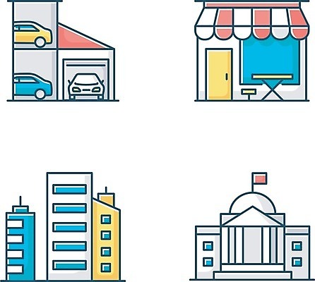EPS 해외이미지 클립아트 외관 일러스트 자동차 주택 사람없음 야외 건물 사무실 고층빌딩 도시 플랫 심플 주차장 해외202007 해외일러스트 건축물 육상교통 비즈니스 빌딩 파일형식 벡터