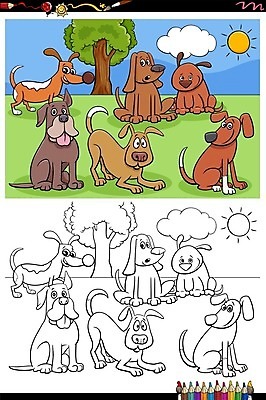 EPS 해외이미지 공원 여러마리 일러스트 흑백 취미 사람없음 반려동물 세트 컬러풀 개 강아지 색칠공부 젠탱글 해외202007 해외일러스트 동물 공공시설 컬러 다수 포유류 촬영기법 학습 색칠 파일형식 벡터